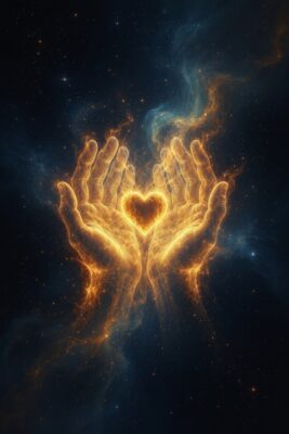 No Wallet Needed — luminous hands offering a glowing heart of light