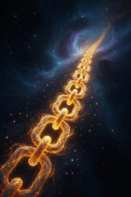 On the Blockchain Forever — infinite golden chain of light stretching into cosmic space